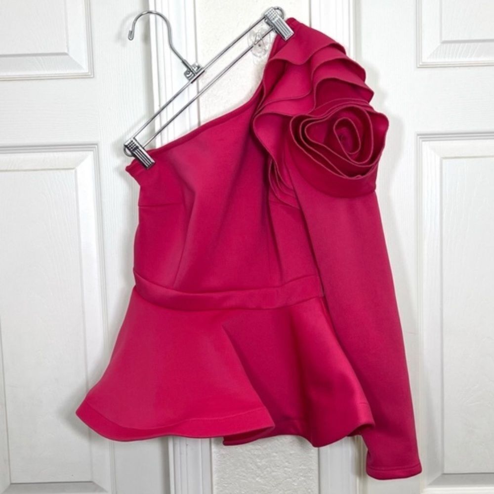 CQ by CQ One Shoulder Ruffle Asymmetrical One Shoulder Peplum Top Pink Fuchsia - Picture 15 of 15